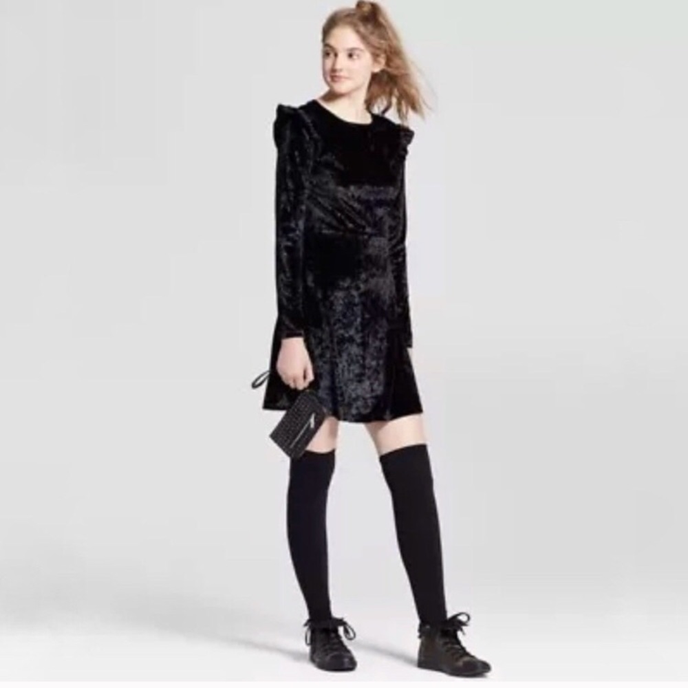NWOT Black Crushed Velvet Ruffle Dress